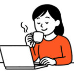 PCの前で優雅にお茶を飲んでいる人