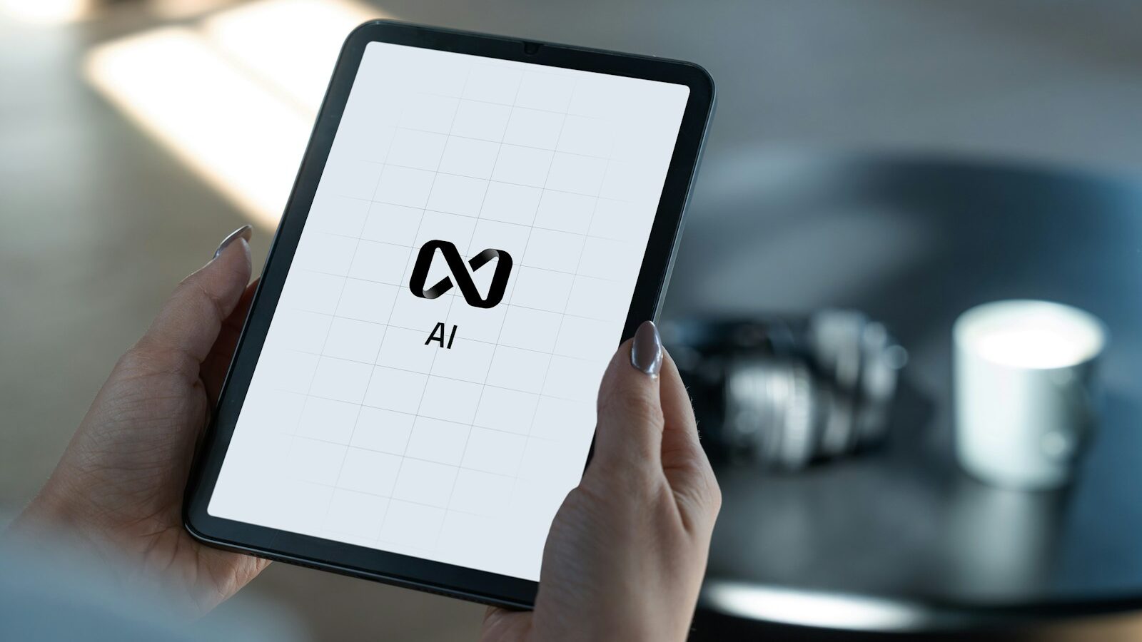 Hands holding a tablet displaying ai logo
